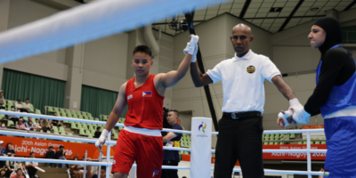 Nesthy Petecio advanced to the women's 60kg quarterfinals at the 2026 Aichi-Nagoya Asian Games with an RSC victory over Jordan's Mays Alreem Abukhadijah. [POC Media pool]