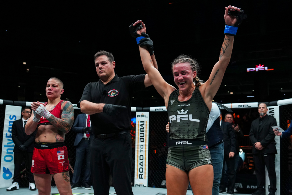 Jena Bishop became the inaugural PFL Women’s Flyweight World Champion after defeating Liz Carmouche by unanimous decision in Chicago. [PFL photo]