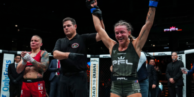 Jena Bishop became the inaugural PFL Women’s Flyweight World Champion after defeating Liz Carmouche by unanimous decision in Chicago. [PFL photo]